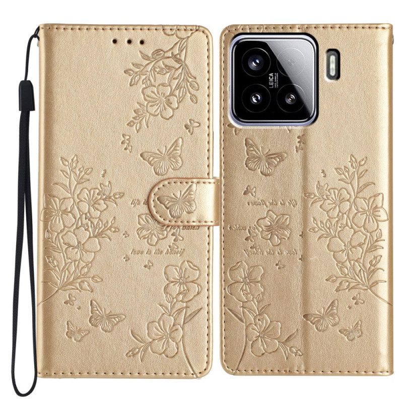 Läderfodral Xiaomi 15 Telefonfodral Fjärilar Och Blommor