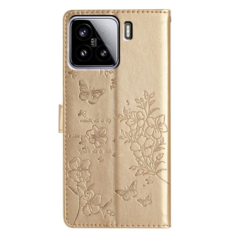 Läderfodral Xiaomi 15 Telefonfodral Fjärilar Och Blommor