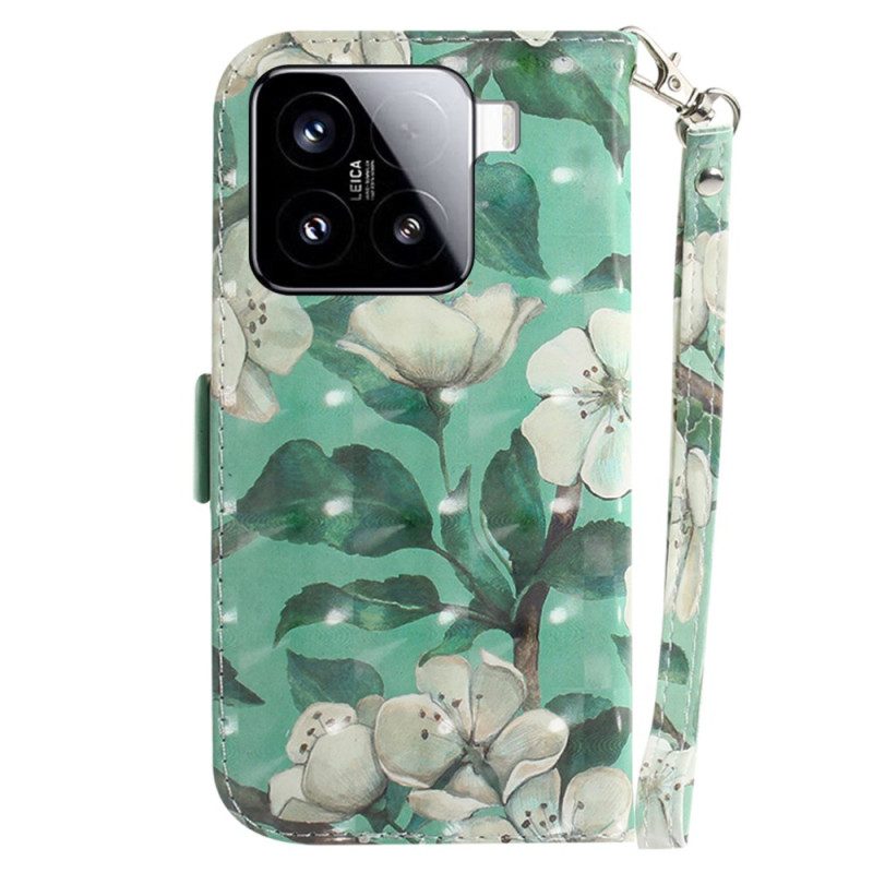 Läderfodral Xiaomi 15 Telefonfodral Snodd Med Akvarellblommor