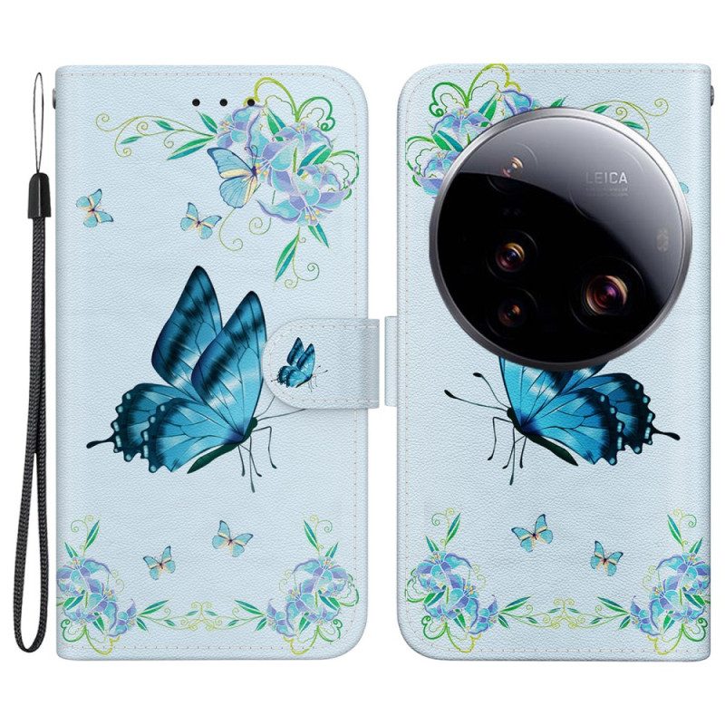 Läderfodral Xiaomi 15 Ultra Telefonfodral Blå Fjäril Och Blommor