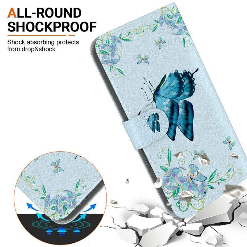 Läderfodral Xiaomi 15 Ultra Telefonfodral Blå Fjäril Och Blommor