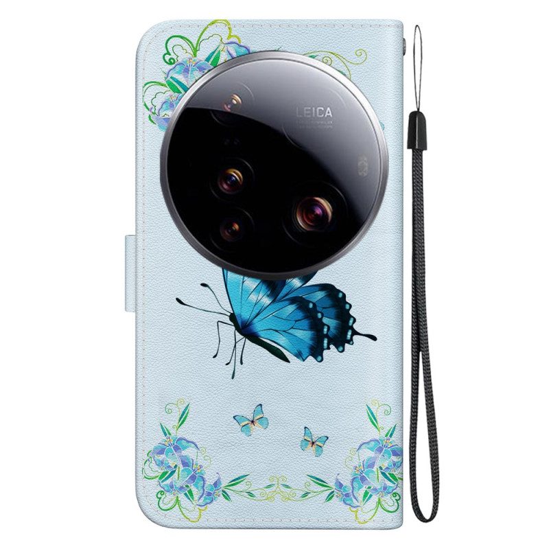 Läderfodral Xiaomi 15 Ultra Telefonfodral Blå Fjäril Och Blommor
