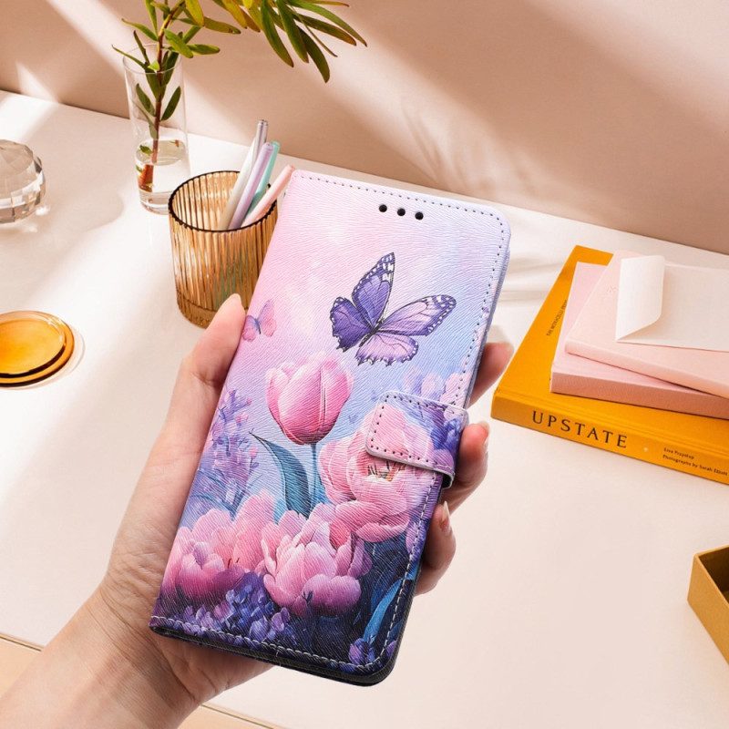 Läderfodral Xiaomi 15t Pro Telefonfodral Tulpaner Och Fjärilar