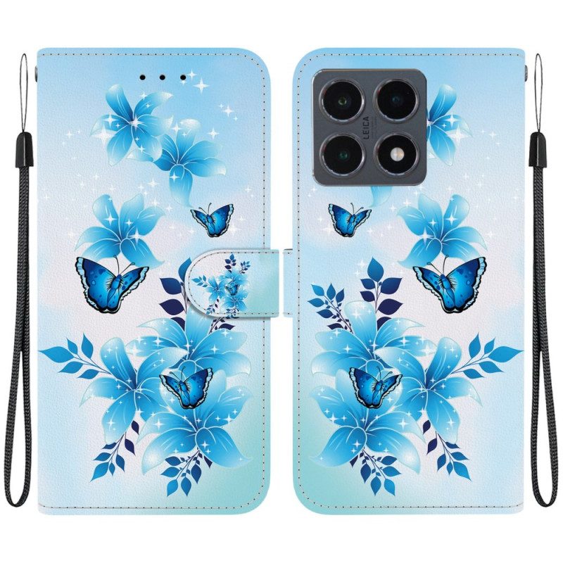 Läderfodral Xiaomi 15t Telefonfodral Blått Fjärilstryck