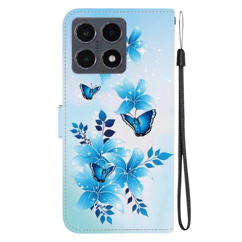 Läderfodral Xiaomi 15t Telefonfodral Blått Fjärilstryck