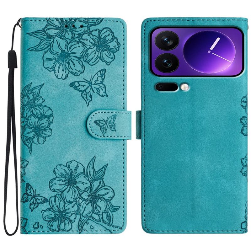 Läderfodral Xiaomi 17 Pro Telefonfodral Fjärilar Och Blommor I Mockaeffekt