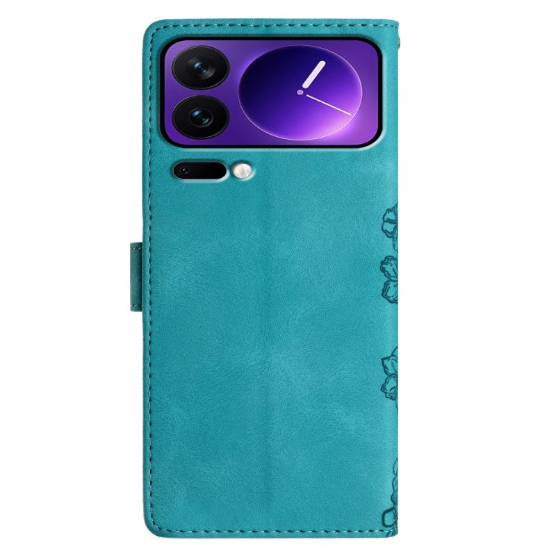 Läderfodral Xiaomi 17 Pro Telefonfodral Fjärilar Och Blommor I Mockaeffekt