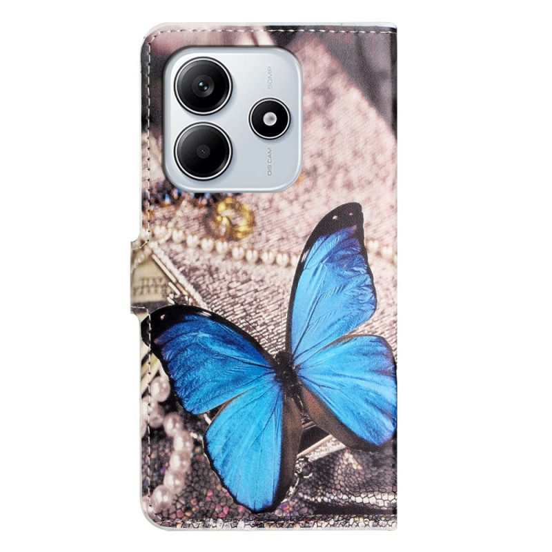 Läderfodral Xiaomi Redmi Note 14 4g Telefonfodral Blå Fjäril