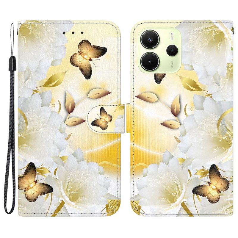 Läderfodral Xiaomi Redmi Note 14 4g Telefonfodral Guld- Och Rosa Fjärilar