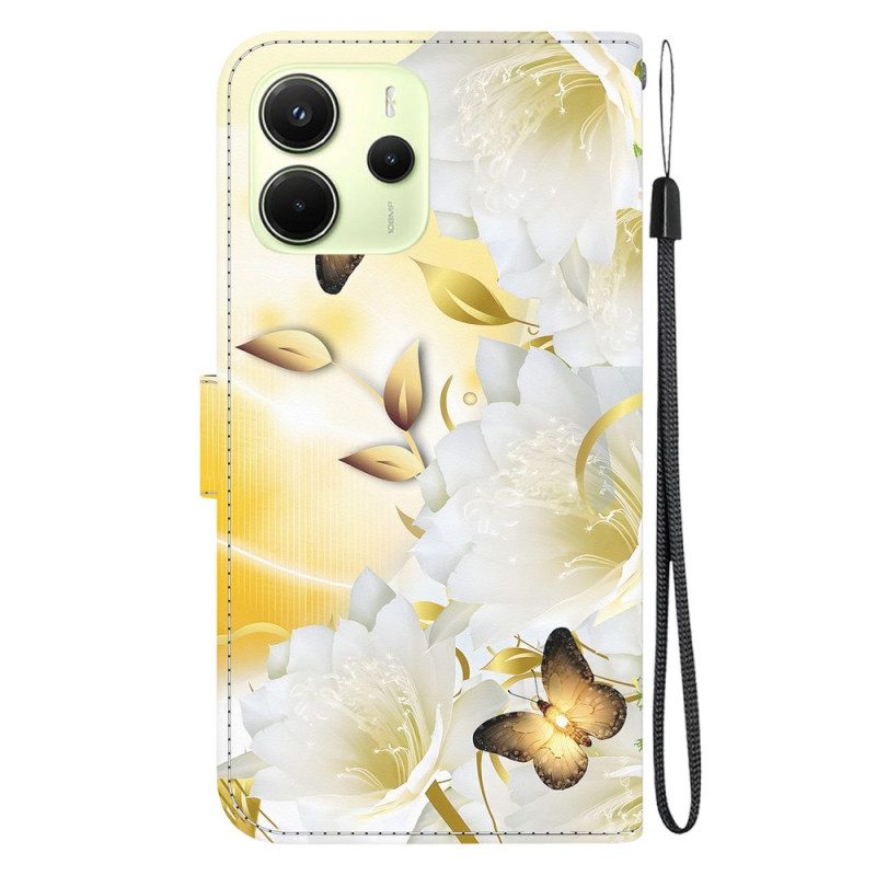 Läderfodral Xiaomi Redmi Note 14 4g Telefonfodral Guld- Och Rosa Fjärilar