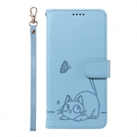 Läderfodral Xiaomi Redmi Note 14 4g Telefonfodral Rolig Katt Med Rem