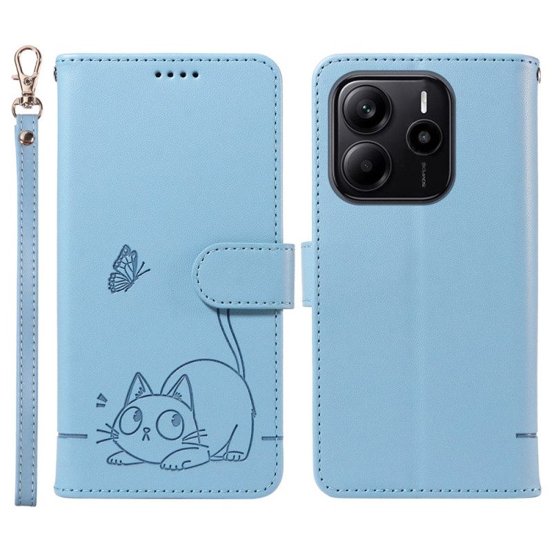 Läderfodral Xiaomi Redmi Note 14 4g Telefonfodral Rolig Katt Med Rem