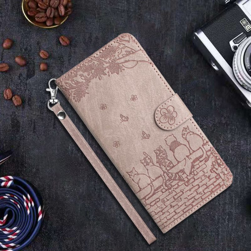 Läderfodral Xiaomi Redmi Note 14 5g Telefonfodral Kattmönster Med Rem