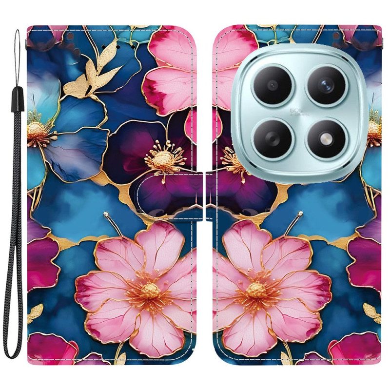 Läderfodral Xiaomi Redmi Note 15 5g Telefonfodral Blå Och Guldiga Blommor