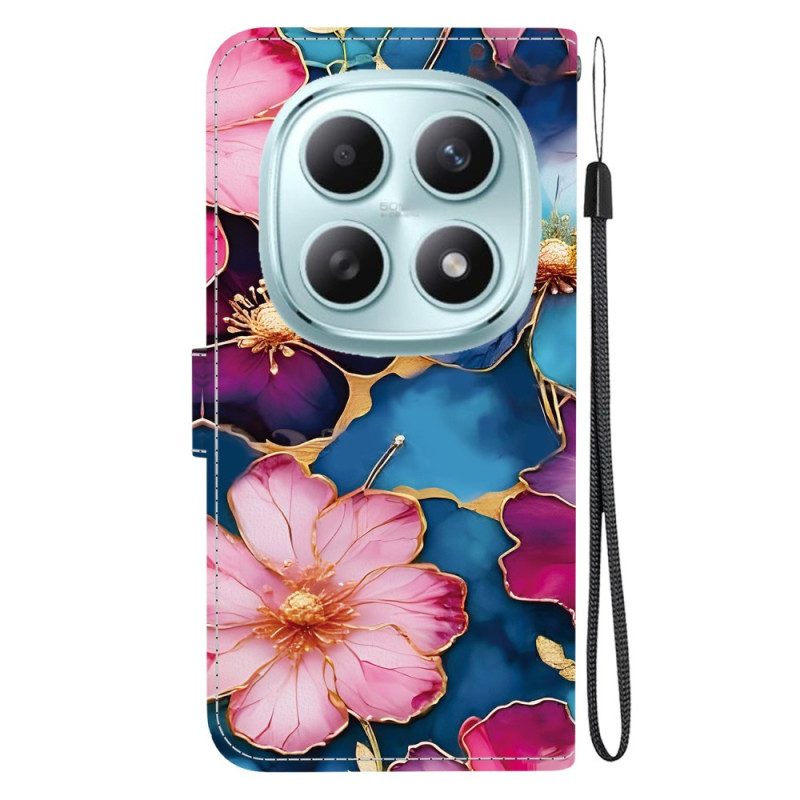 Läderfodral Xiaomi Redmi Note 15 5g Telefonfodral Blå Och Guldiga Blommor