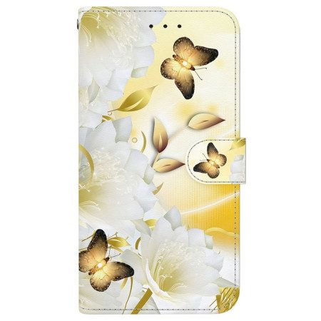 Läderfodral Xiaomi Redmi Note 15 5g Telefonfodral Guldfärgade Fjärilar Och Vita Blommor