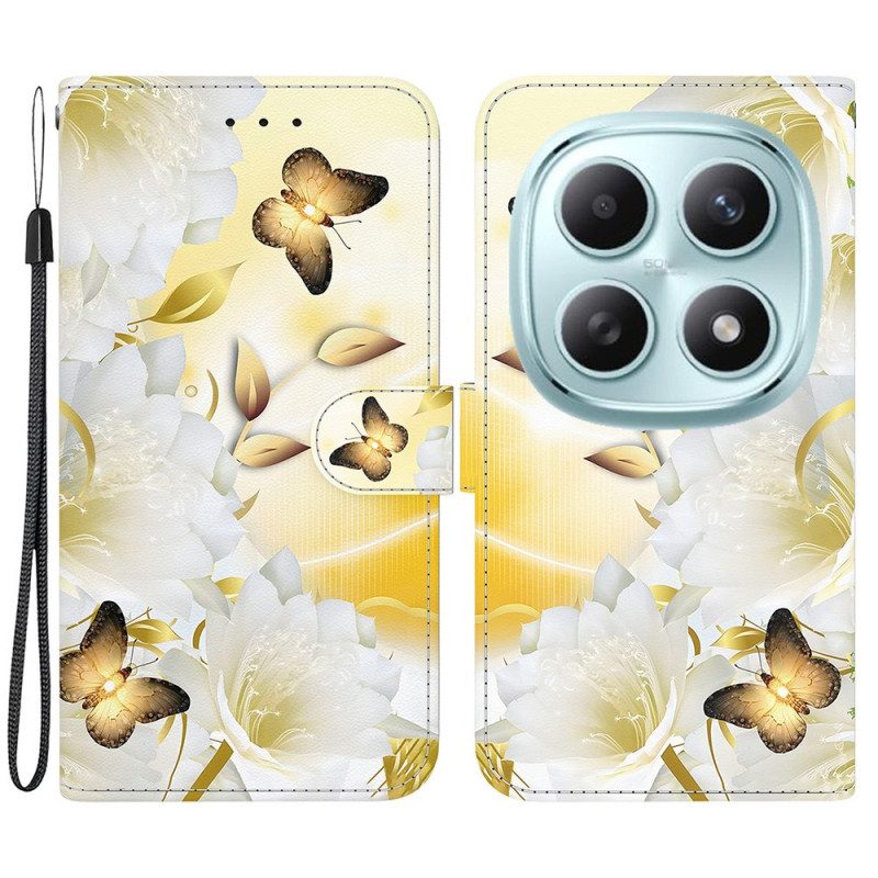 Läderfodral Xiaomi Redmi Note 15 5g Telefonfodral Guldfärgade Fjärilar Och Vita Blommor