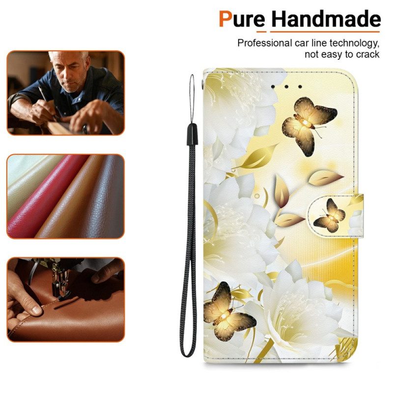 Läderfodral Xiaomi Redmi Note 15 5g Telefonfodral Guldfärgade Fjärilar Och Vita Blommor