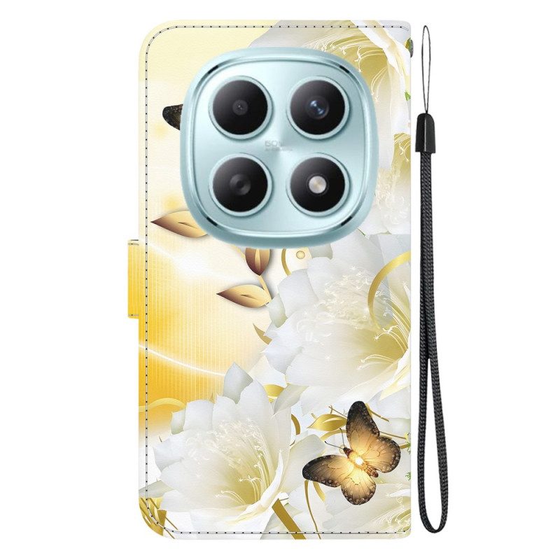 Läderfodral Xiaomi Redmi Note 15 5g Telefonfodral Guldfärgade Fjärilar Och Vita Blommor