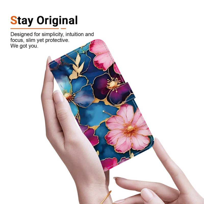 Läderfodral Xiaomi Redmi Note 15 Pro 5g Telefonfodral Blå Och Guld Blommor