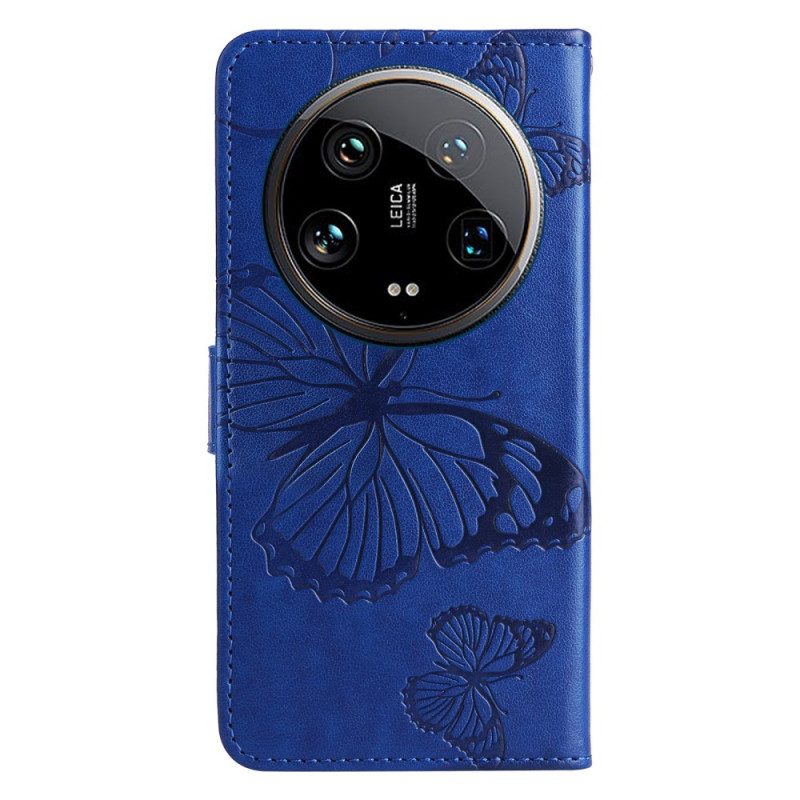 Läderskal Fodral Xiaomi 14 Ultra Jätte Fjärilar Med Rem