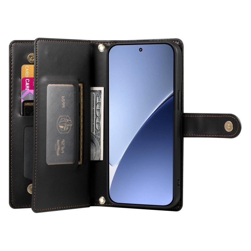 Läderskal Fodral Xiaomi 15 Pro Plånbok Med Rem Och Axelrem