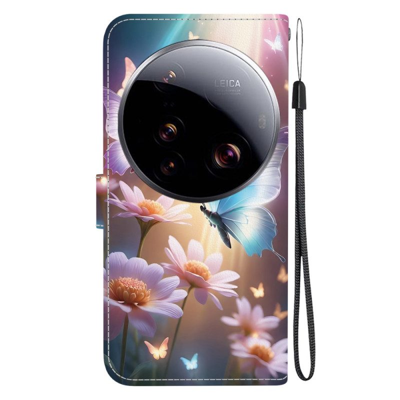 Läderskal Fodral Xiaomi 15 Ultra Fjärilar Och Himmelblommor
