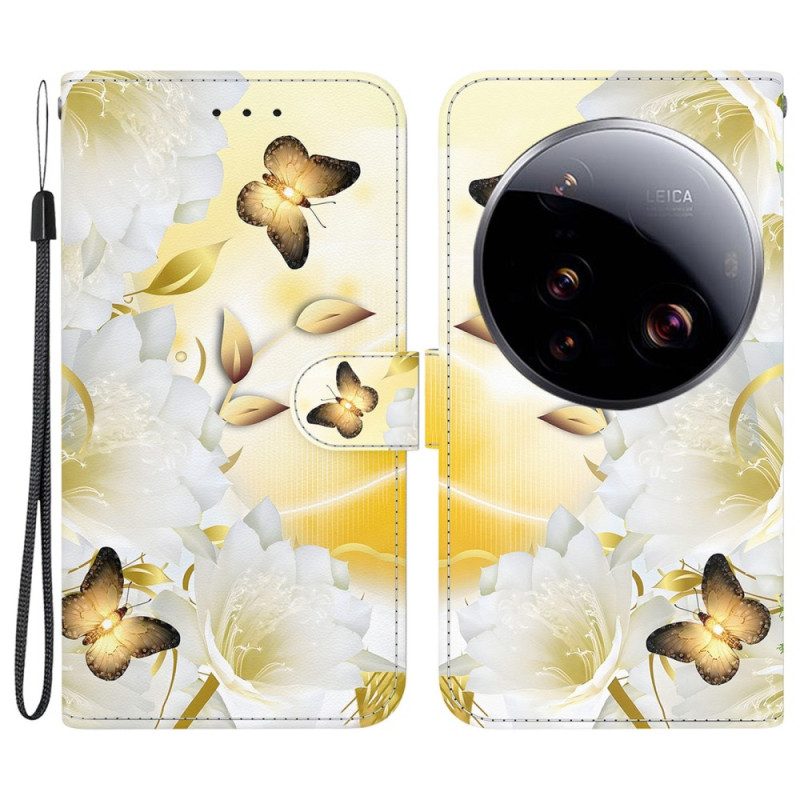 Läderskal Fodral Xiaomi 15 Ultra Gyllene Fjärilar Och Vita Blommor