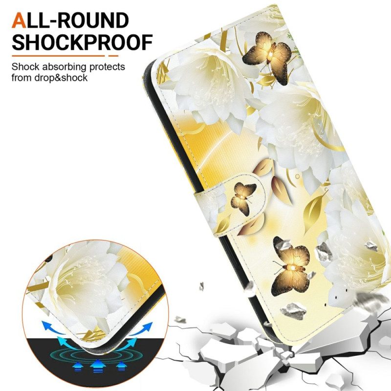 Läderskal Fodral Xiaomi 15 Ultra Gyllene Fjärilar Och Vita Blommor