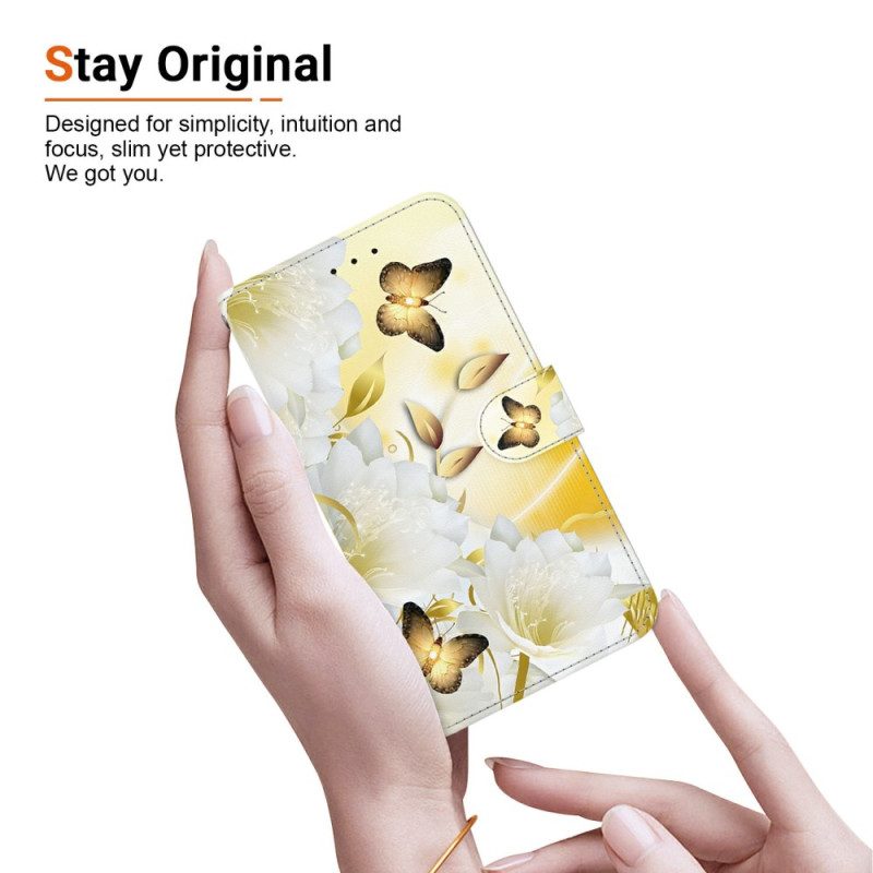 Läderskal Fodral Xiaomi 15 Ultra Gyllene Fjärilar Och Vita Blommor