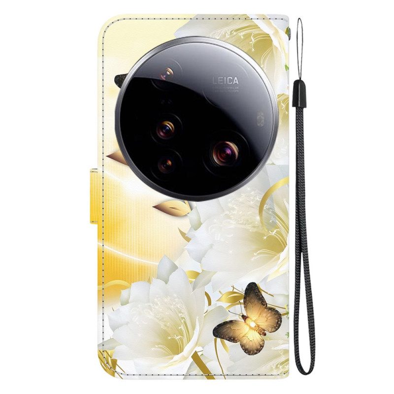 Läderskal Fodral Xiaomi 15 Ultra Gyllene Fjärilar Och Vita Blommor