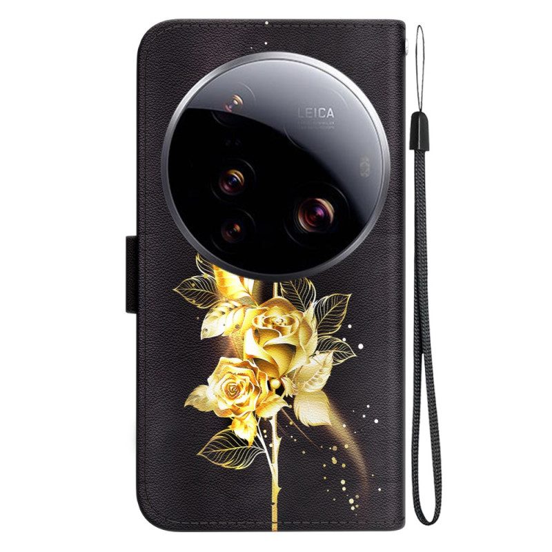 Läderskal Fodral Xiaomi 15 Ultra Gyllene Rosor Och Fjärilar