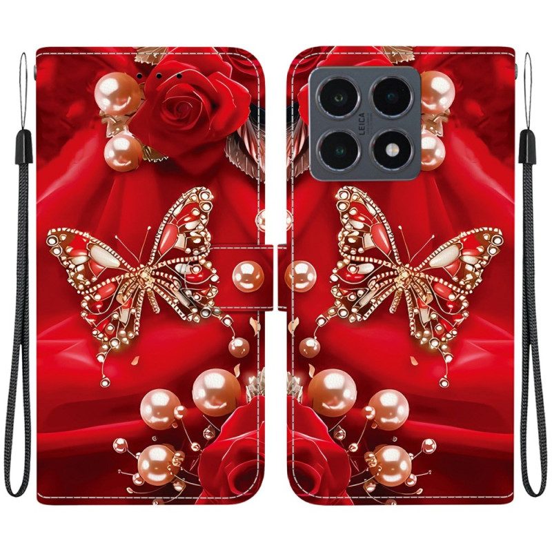 Läderskal Fodral Xiaomi 15t Fjärilar Och Pärlor