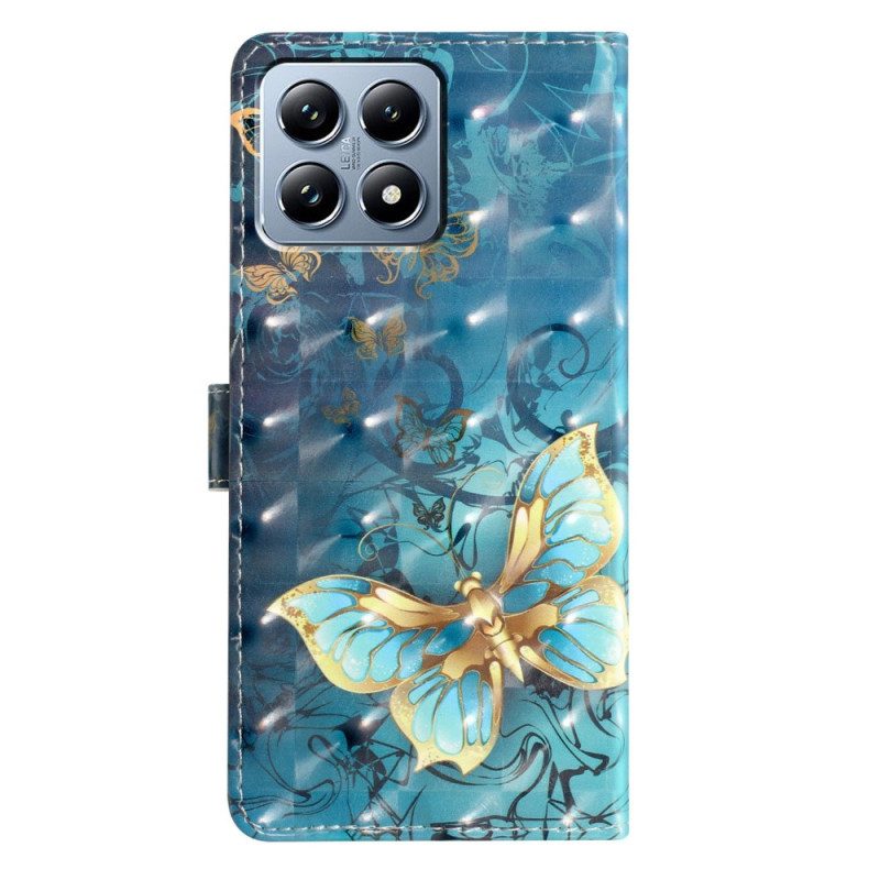 Läderskal Fodral Xiaomi 15t Pro Guldfärgade Fjärilar