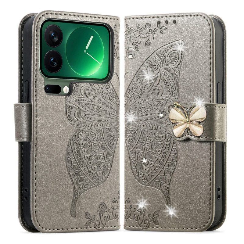 Läderskal Fodral Xiaomi 17 Pro 3d-fjäril Och Strass