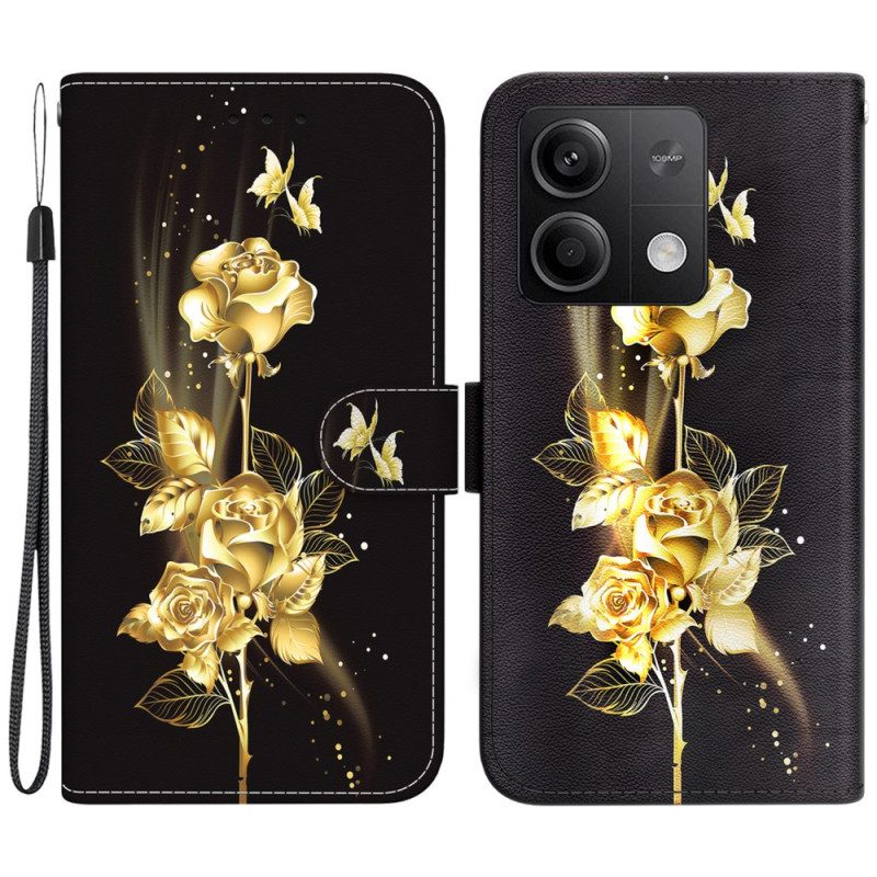 Läderskal Fodral Xiaomi Redmi Note 13 5g Gyllene Och Rosa Fjäril