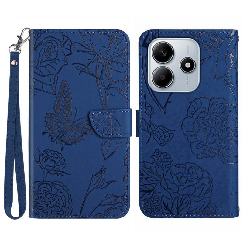 Läderskal Fodral Xiaomi Redmi Note 14 5g Fjärilstryck Med Rem
