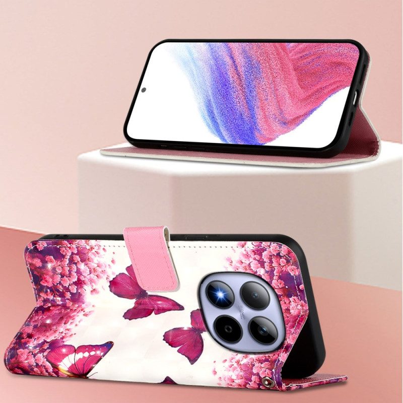 Läderskal Fodral Xiaomi Redmi Note 15 Pro 5g Rosa Fjärilar