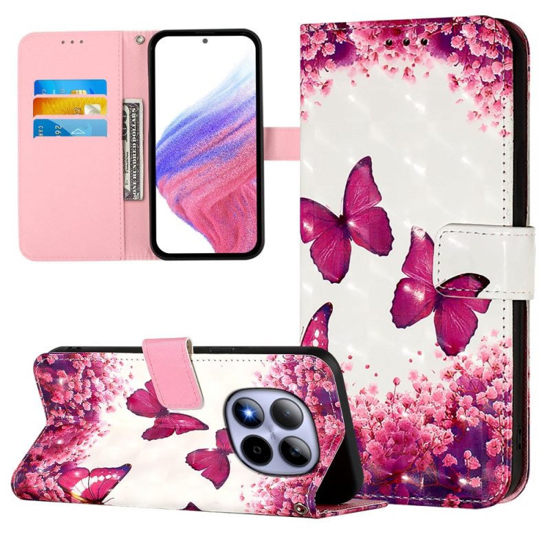 Läderskal Fodral Xiaomi Redmi Note 15 Pro 5g Rosa Fjärilar