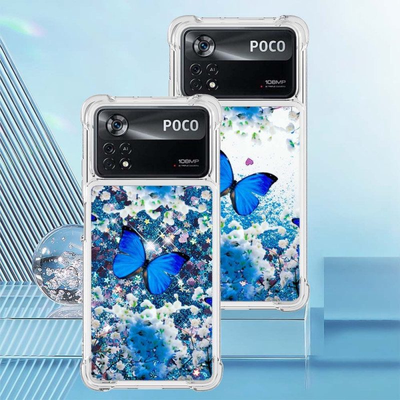 Mobilskal För Poco X4 Pro 5G Blå Glitterfjärilar
