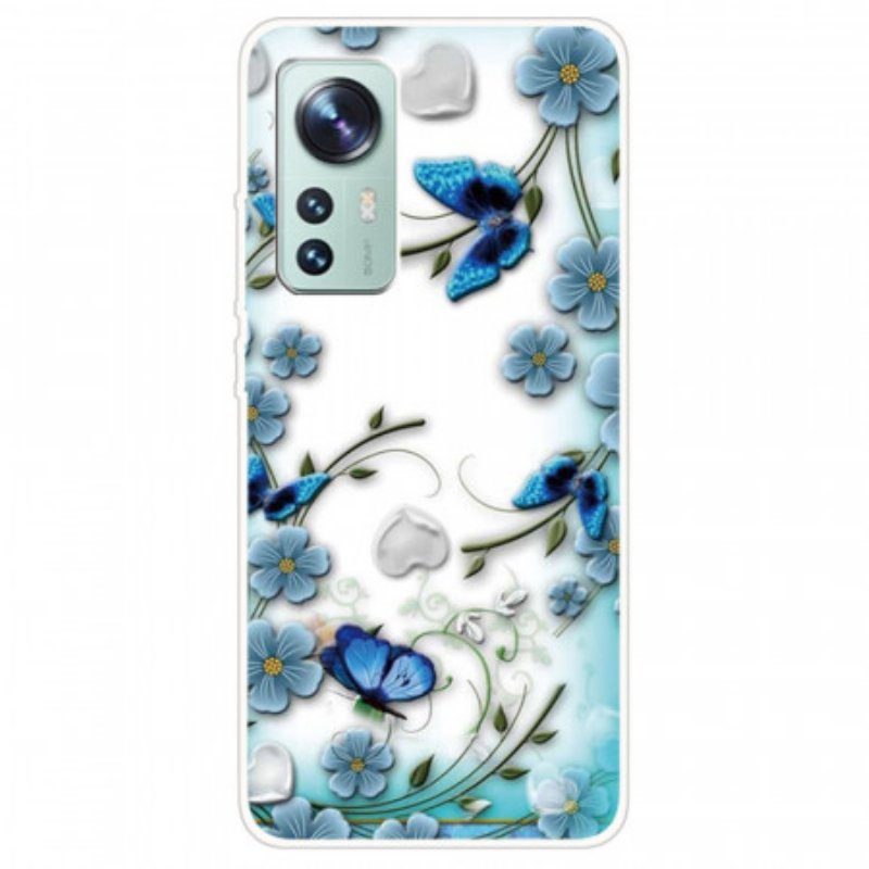 Mobilskal Xiaomi 12 / 12X Blå Blommor Och Fjärilar