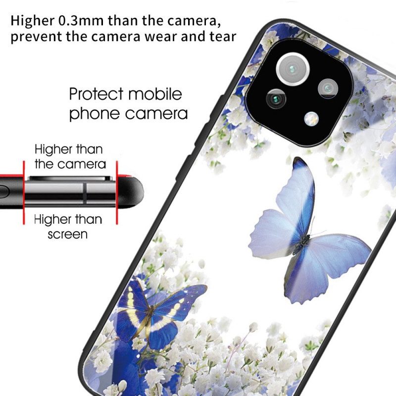 Skal För Xiaomi Mi 11 Lite 5G NE / Mi 11 Lite 4G / 5G Blå Fjärilar Härdat Glas