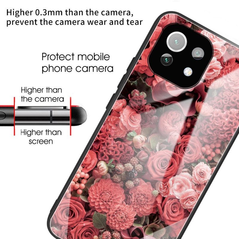 Skal För Xiaomi Mi 11 Lite 5G NE / Mi 11 Lite 4G / 5G Rosa Blommor I Härdat Glas