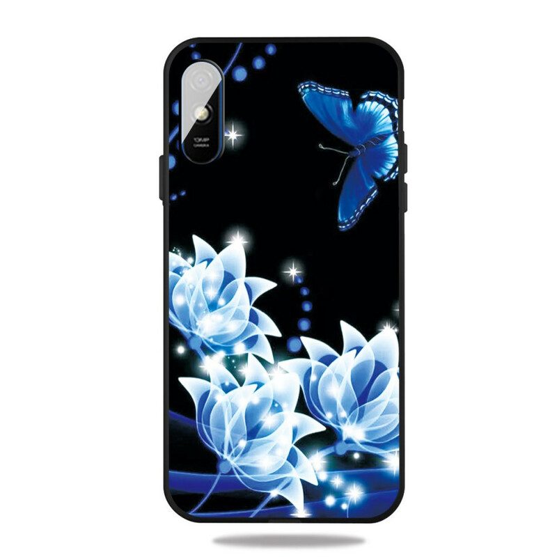 Skal För Xiaomi Redmi 9A Fjäril Och Blå Blommor