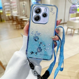 Skal För Xiaomi Redmi Note 14 4g Strass Och Blommor Med Snodd