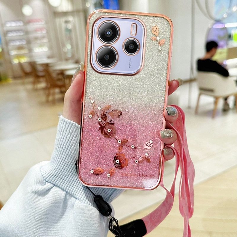 Skal För Xiaomi Redmi Note 14 4g Strass Och Blommor Med Snodd