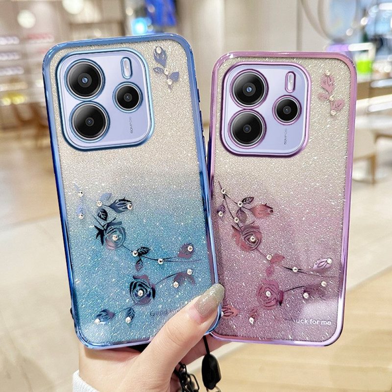 Skal För Xiaomi Redmi Note 14 4g Strass Och Blommor Med Snodd