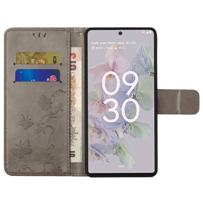 Fodral För Google Pixel 6A Med Kedjar Thongblommor Och Fjärilar