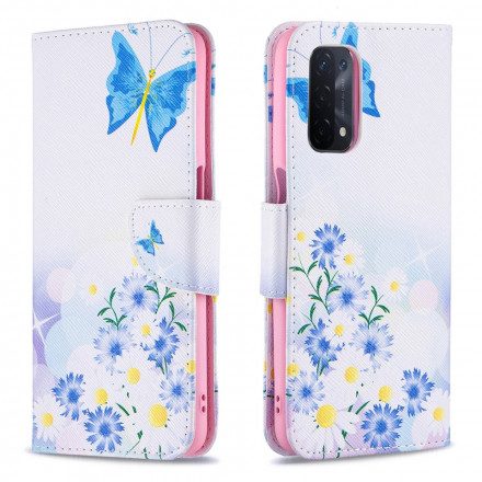 Fodral För Oppo A54 5G / A74 5G Målade Fjärilar Och Blommor