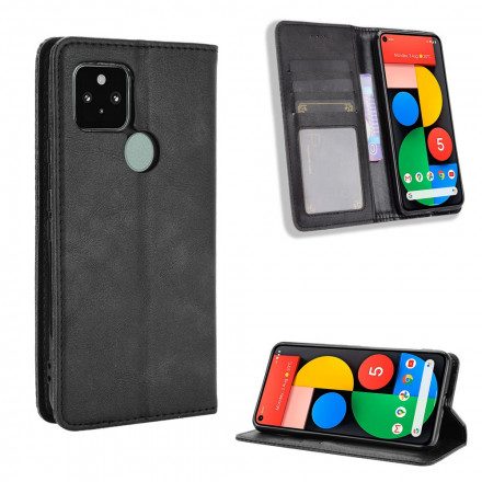 Folio-fodral För Google Pixel 5 Läderfodral Vintage Stiliserad Lädereffekt